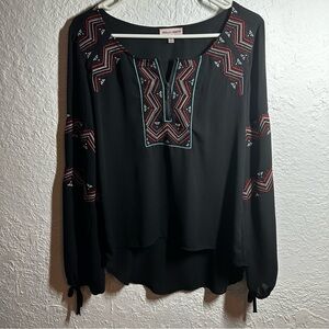 Women's Boho Embroidery Aztec Black‎ Multi Color Blouse Size M